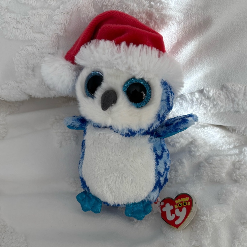 Ty Beanie Boo Icicles the owl with Santa Hat